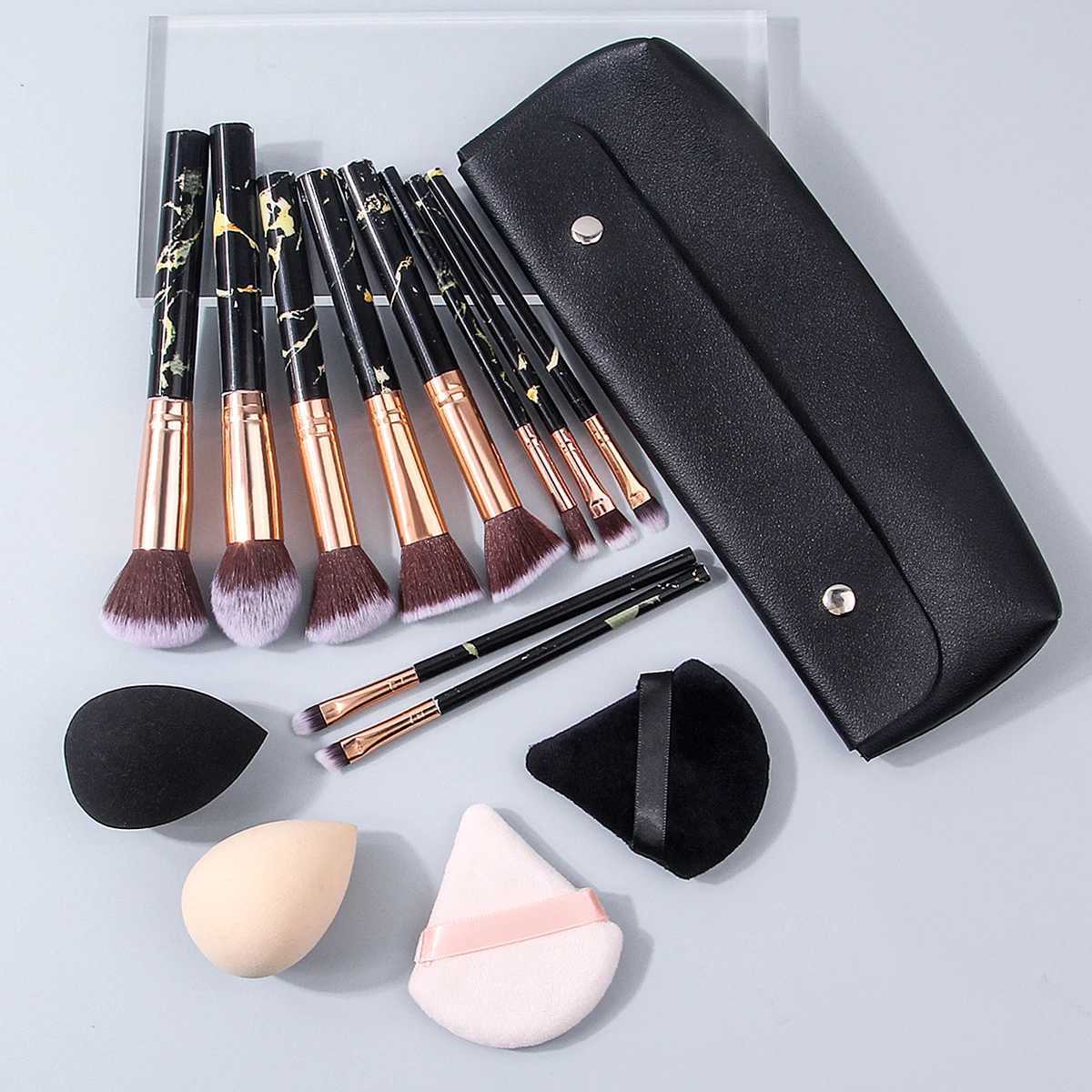 Professional marble-patterned makeup brush set 10 synthetic fiber makeup brushes4 makeup sponge powder puffsblack storage bag L251110
