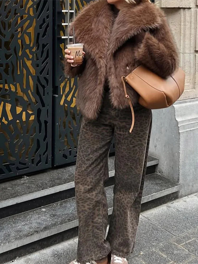 Solid Brown Fluffy Fur Jacket Womens Casual Lapel Loose Long Sleeves Thicken Warm Short Coat Winter Lady Commute Wear 251110