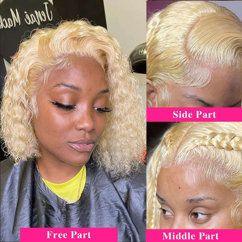 613 Blonde Kinky Bob Human Hair 13X4 Lace Front - Glueless Hairline With Baby Hair, 250% Density Short Jerry Curly Wigs For, Pre-Plucked Frontal Wig F