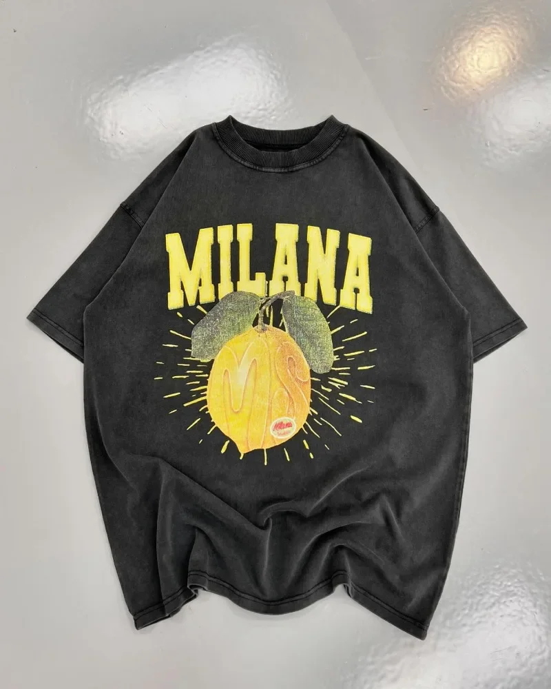 Y2k High street fruit letter print short sleeve oversized cotton T-shirt Men Street style summer top Harajuku loose couple shirt