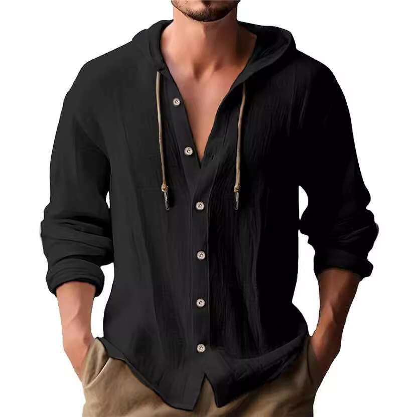 Cross-Border Amazon 2025 New Spring Summer Hooded T-Shirt Solid Color Cotton Linen Men's Casual Long Sleeve Top