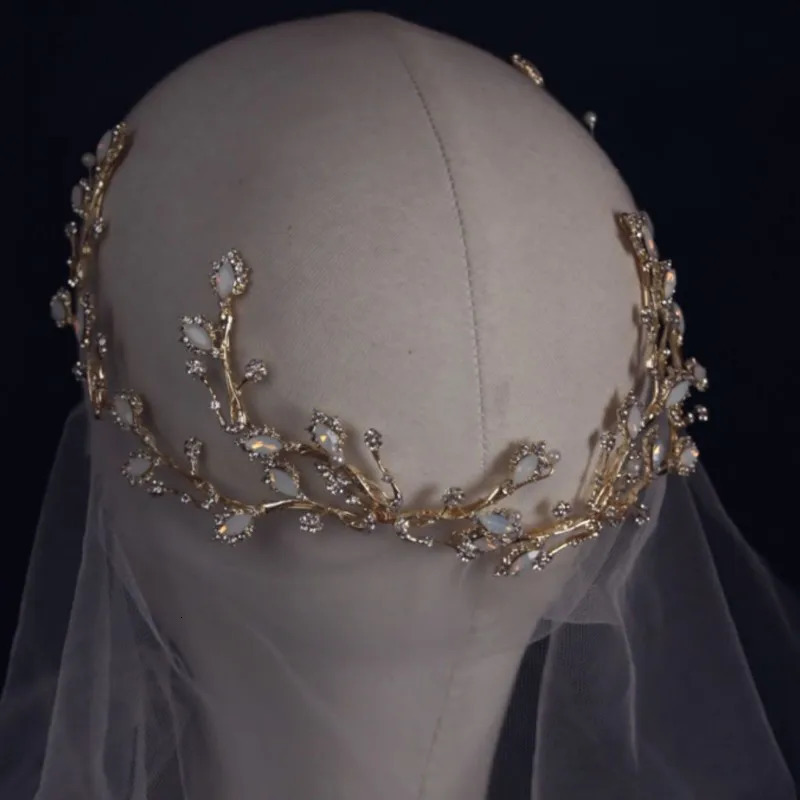 Ligth Gold Branch Bridal Hair Clip Pin Opal Crystal Wedding Headpiece Handmade Womens Crown Accessories 250409