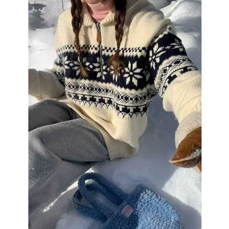 Fashion Winter Jacquard Loose Casual Knitted Pullover Top Retro Zipper Lapel Sweater Women Autumn Korean Sweet Long Sleeve Knitwear Y251110