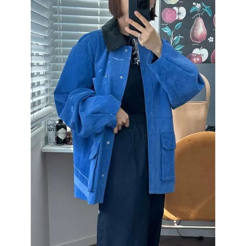 Contrast Color Women's Suede Jacket Single Breasted Zipper Lapel Pockets Long Sleeve Coats 2025 Spring Street Commuter Outwears