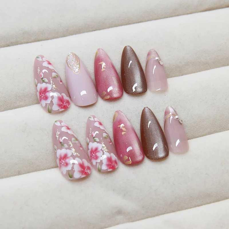 24Pcs Peach Blossom Press on Nails Cats Eye Nude Glitter False Nail for Women Girl Spring and Summer Detachable Wearable Nail W250410