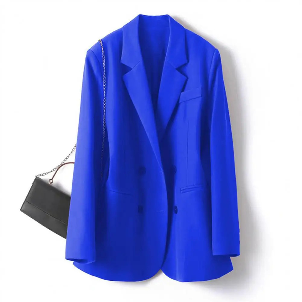 Womens set jacket Elegant lapel double chest fashionable office womens coat with solid pockets 250407