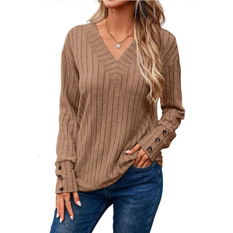 2025 Autumn Winter New European and American Cross-Border Fashion Amazon Women's Long Sleeve V-Neck Shirt Solid Color Button T-Shirt