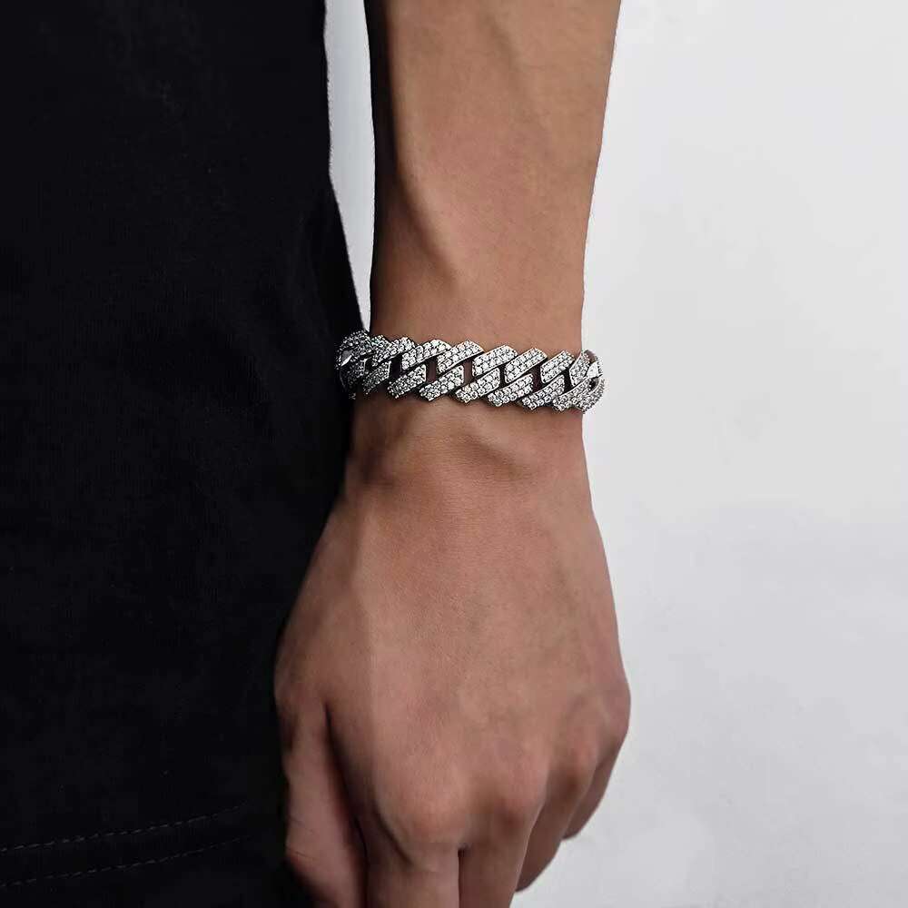 Hip Hop Style 925 Silver Bracelet for Men Stylish 15mm Moissanite Diamond Rhombus Cuban Gifts