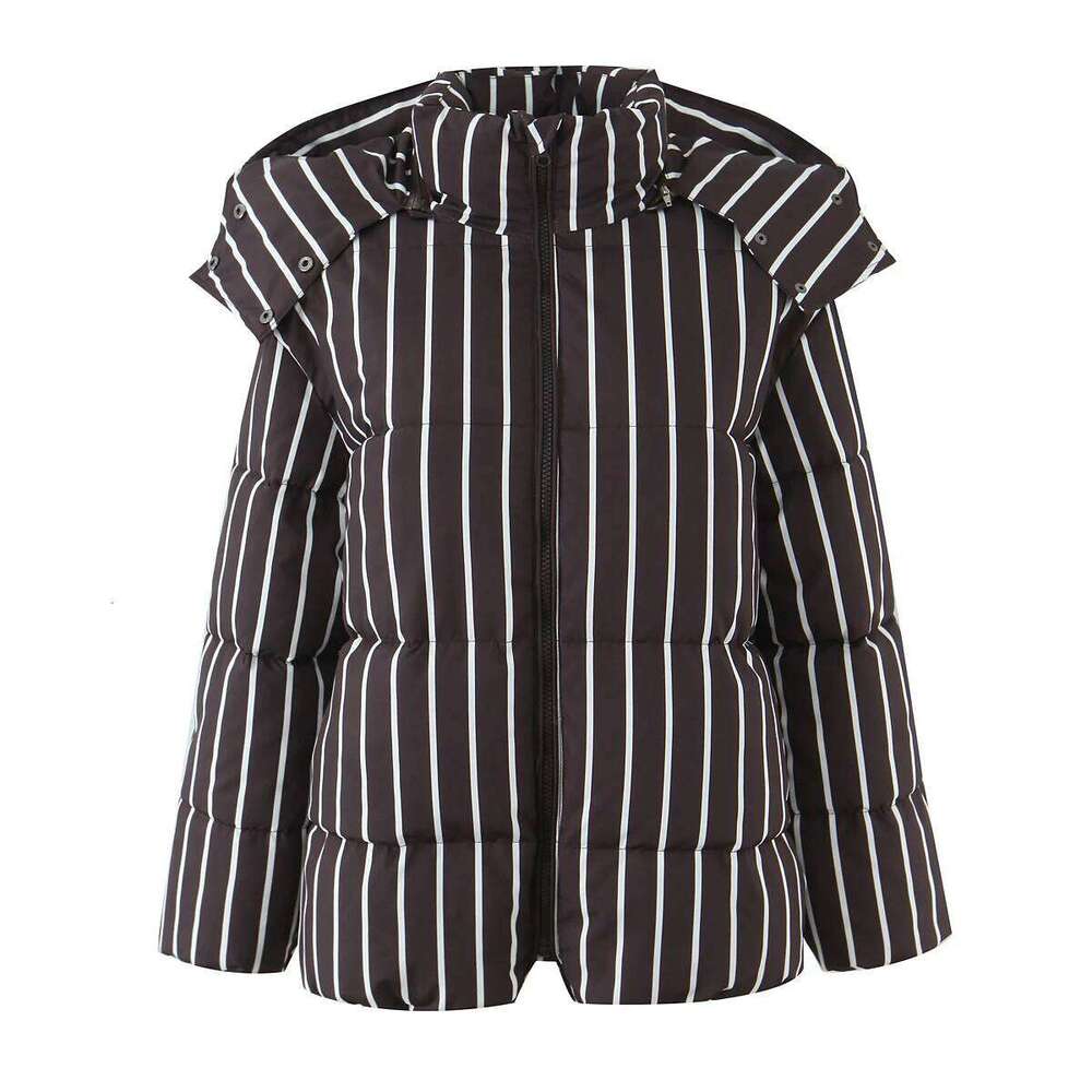 Winter CHIC Women Stand Collar Contrast Color Stripes Parka Coat Removable Hooded Zip Up Full Sleeve Bread Outerwear Coffee