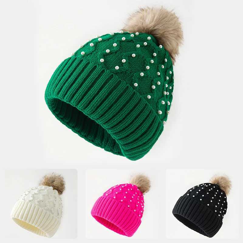 Womens Winter Beanie with Pearls and Pom Pom Elegant Embellished Design Soft Warm Knit Skull Cap for Cold WeatherXJ251110