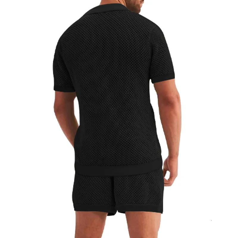 Summer mens open top shorts hollow knit casual sports collar T-shirt solid color beach mens 2-piece set 250410