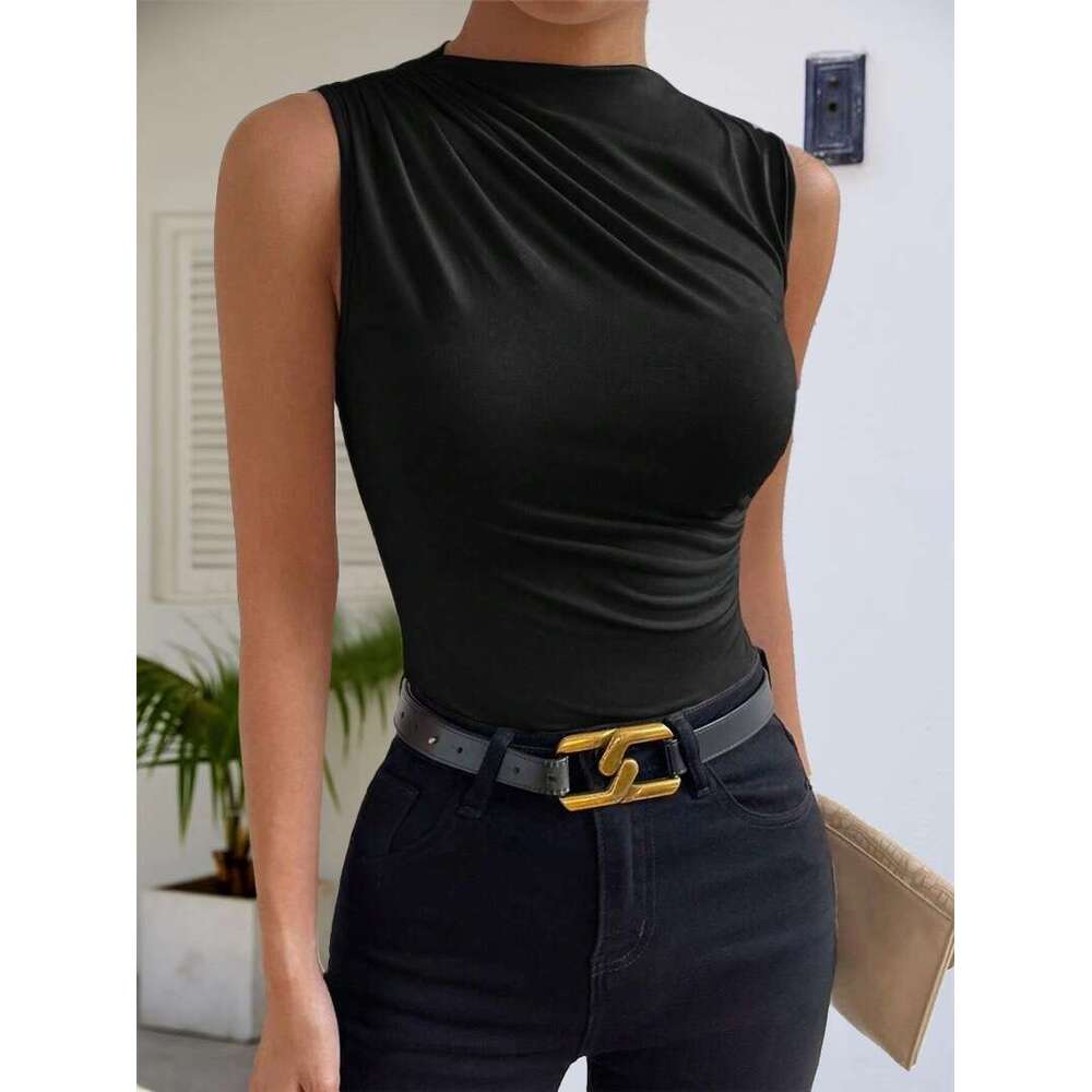 2024 Spring Summer New Fashion Versatile Solid Color Ruched Sleeveless Pullover Half High Neck T-Shirt for Women