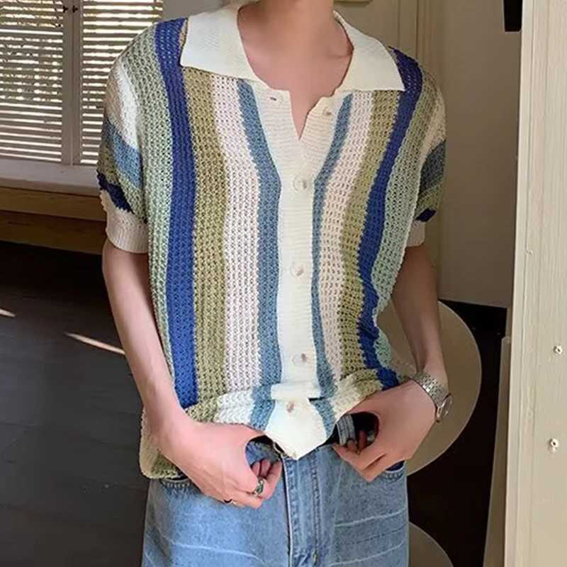 Casual breathable hollow mens summer beach casual short sleeved knitted shirt mens fashionable striped knitted top X250410