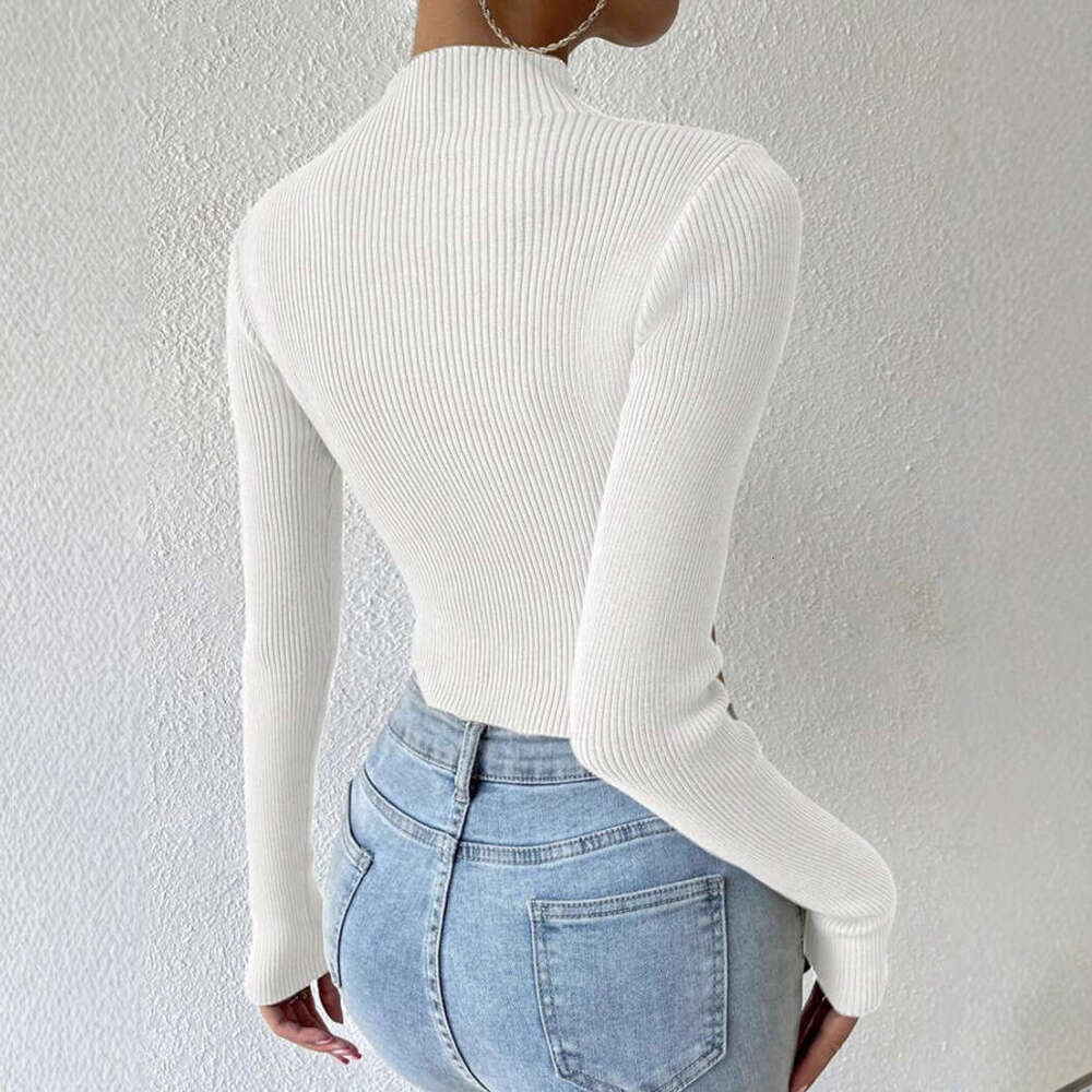 Cross-Border Foreign Trade European and American Solid Color Ribbed Base Amazon Autumn Winter Thin Slim Fit Women's Knitwear