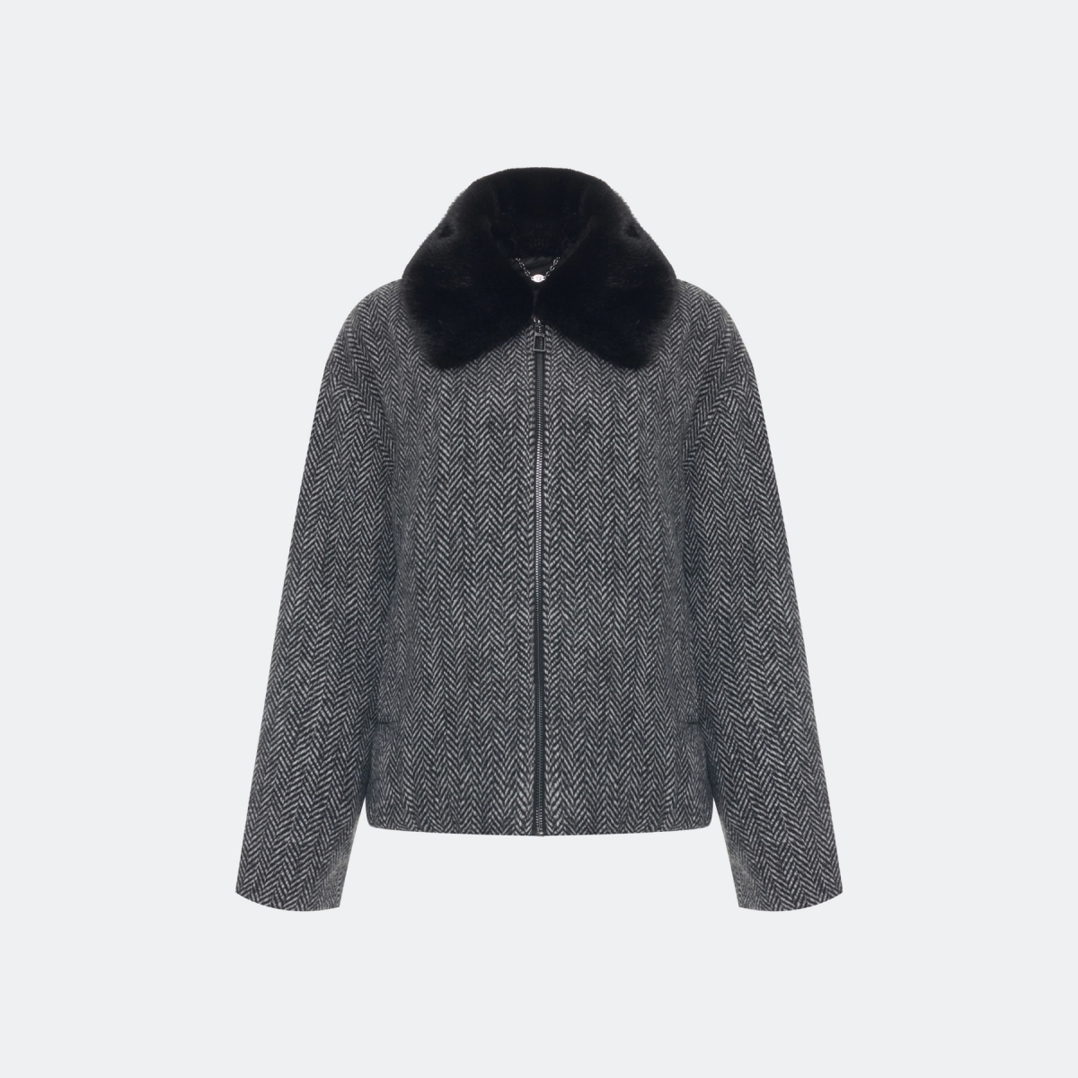 Women's Gray Herringbone Wool-Blend Jacket, Detachable Faux Fur Collar Relaxed Fit Coat