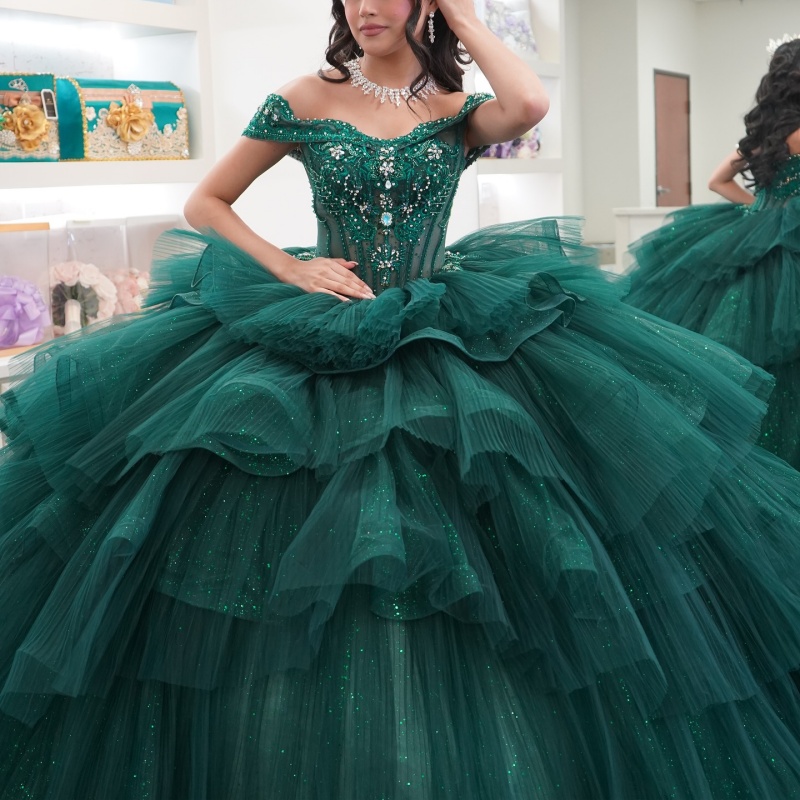 Blackish Green Shiny Princess Quinceanera Dresses Off Shoulder Beads Applique Tull Sweet 16 Dress Ball Gown Vestidos 15 Anos