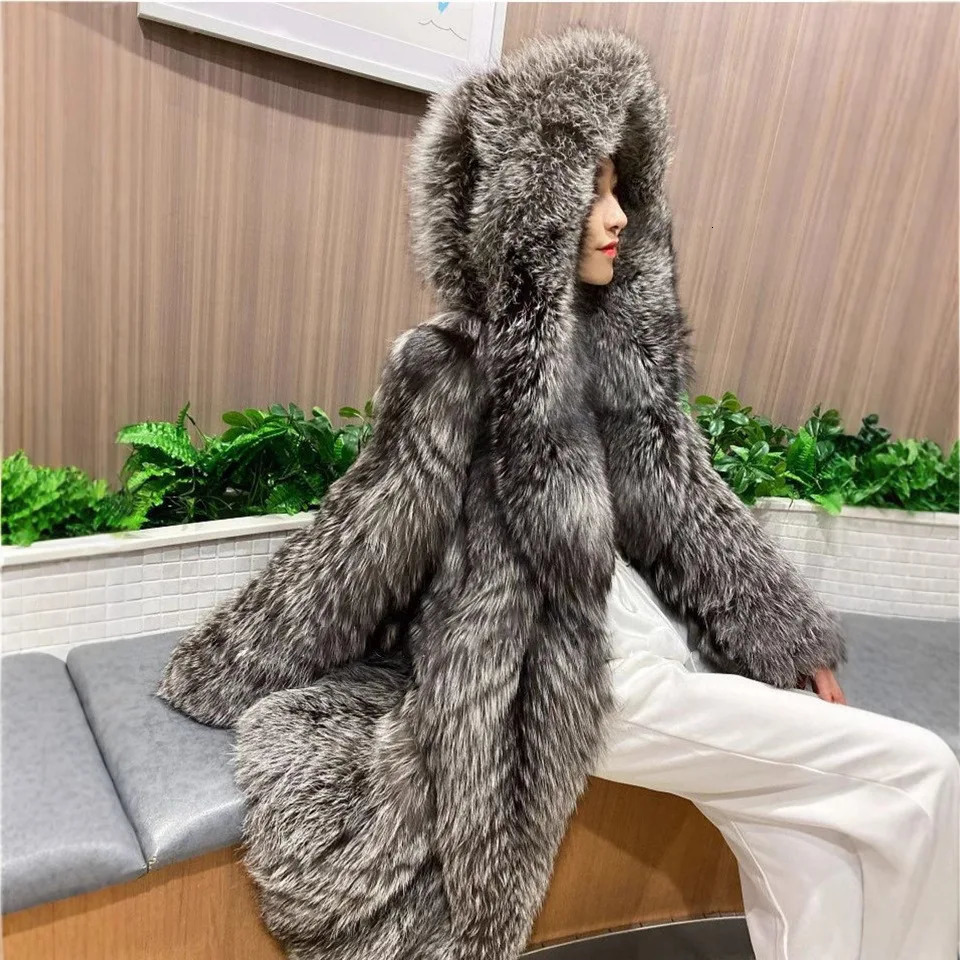 Chic Winter Women Faux Fur Coat Gradient Hooded Thick Long Fox Jacket For Female Highstreet Lady Artificial 251110
