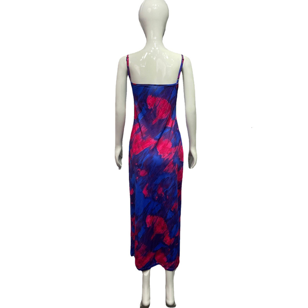 2025 Summer Women's Sexy Print Heap Neck Strap Open Back Midlength Dress