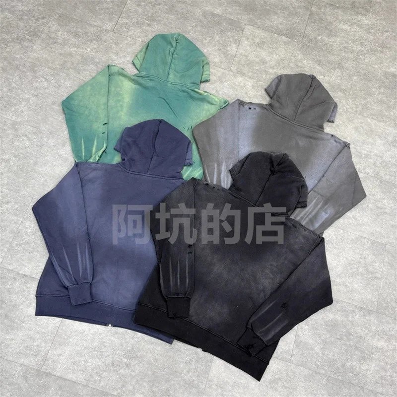 Black Washed SAINT Mxxxxxx Zipper Jackets Men Women Destroy Hole Oversized Vintage Hoodies 251107
