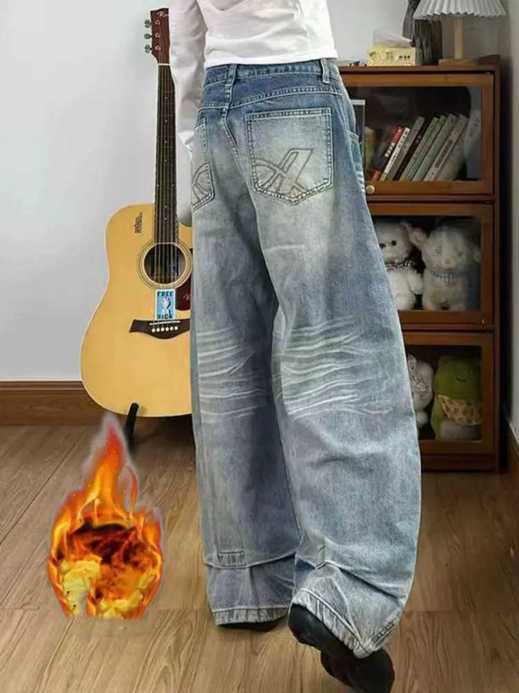 Y2K Winter Jeans Women Thick Fleece Lined Pants High Waist Wide Leg Baggy Straight Long Trousers American Retro Washed Denim C251110