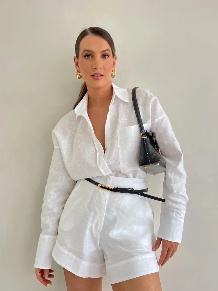 Womens white cotton linen single chest shirt high waisted shorts set fashionable and breathable 2-piece set spring womens clothing 250409
