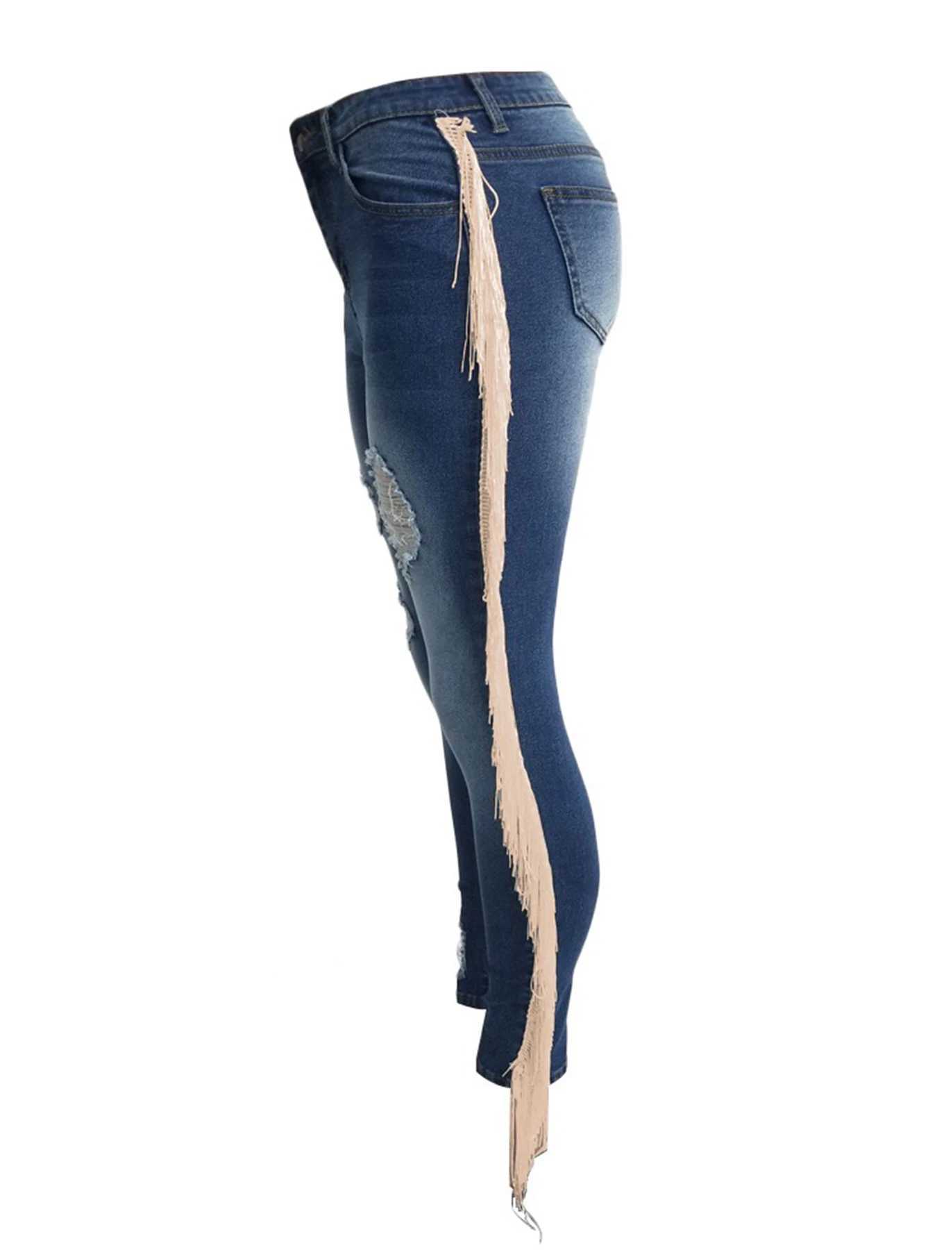 2025 New Womens High Waist Elastic Hole Slim Jeans Wool Tassel Washed Distressed Jeans Y2K Style Hip Lift Design C251110