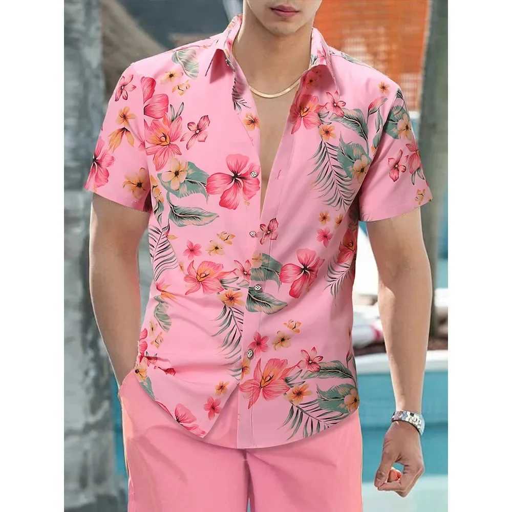 Mens short sleeved pink floral button top casual short sleeved button top beach shirt Hawaiian style shirt X250410