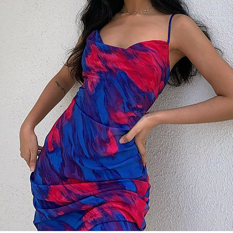 2025 Summer Women's Sexy Print Heap Neck Strap Open Back Midlength Dress