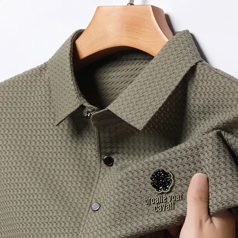 Ice Silk Fashion Embroidery Summer Mens Lop-up Hollow Short-sleeved Polo Shirt Breathable T-Shirt Male Clothes 250407