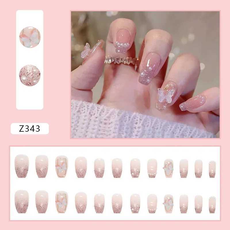 24 pieces of embossed butterfly fake nails with jelly stickers pressed onto the fake nails wearable round headed oval shaped fully covered nail tips W