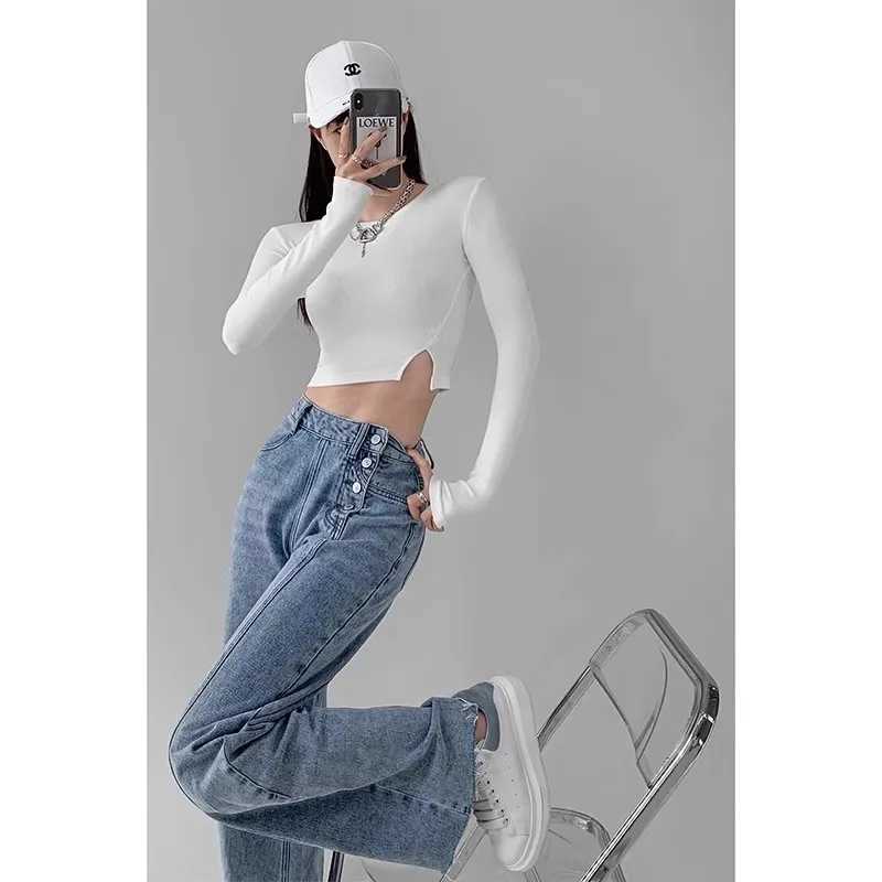 High-waisted Jeans Womens Loose-fit Straight-leg Trousers Draped Wide-leg Denim Pants C251110