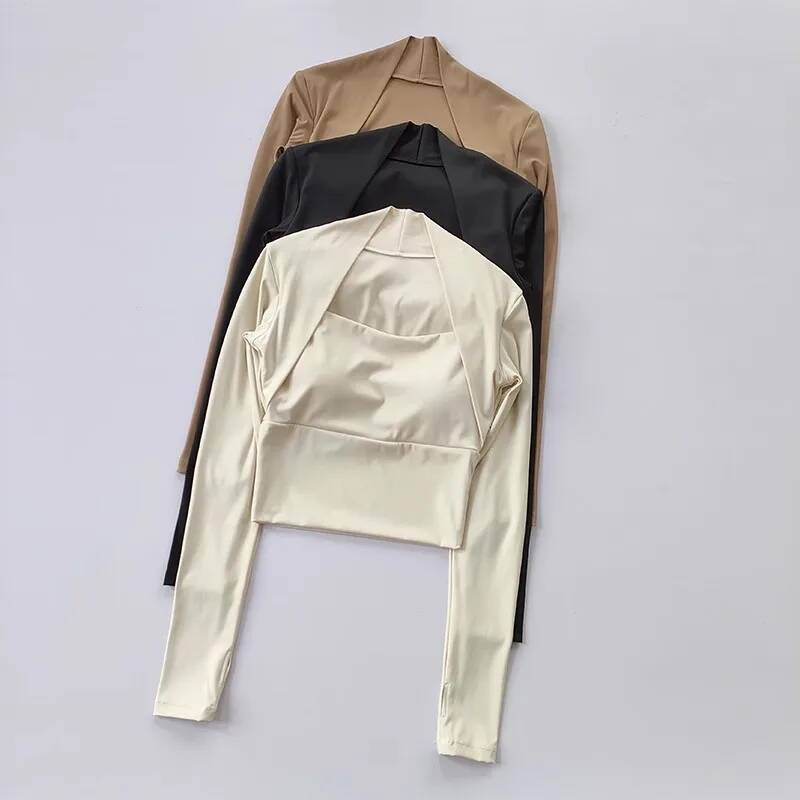 Women's Long Sleeve Shawl Sports with Chest Cushion Short Elegant Yoga Top Small Camback Pura Speed Dry Autumn