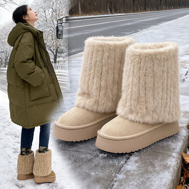 New designer snow boots with winter wool lining, thickened fluffy cotton shoes, fashionable midsole boots