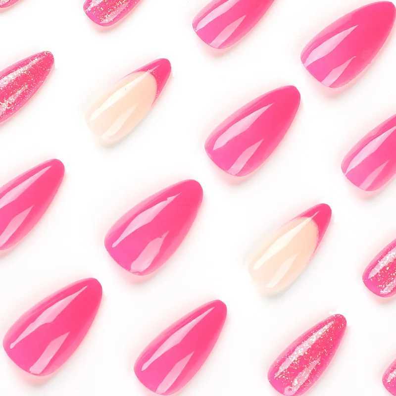 Rose pink French glitter pink wearable almond shaped fashionable fake nails complete set of decorative fake nails pressed with glue on the nails W2504