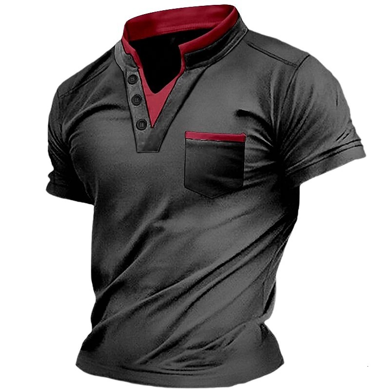 Mens short sleeved Henry shirt T-shirt top with pockets button up collar fashionable color matching collar
