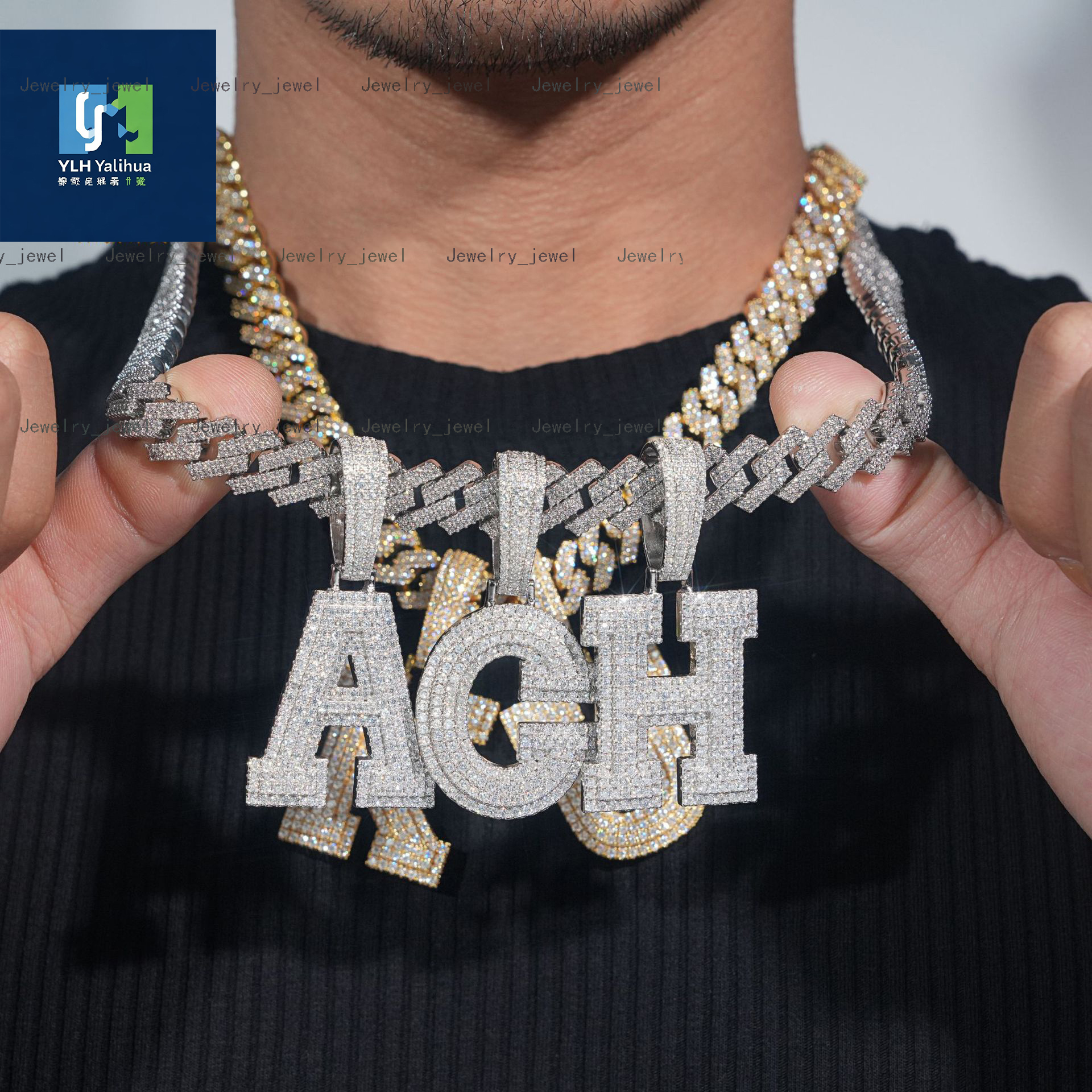 Large Iced Out Moissanite 925 Silver Mens Letter Pendant Vvs Hip-hop Necklace High-end Jewelry Can String 10mm Necklace