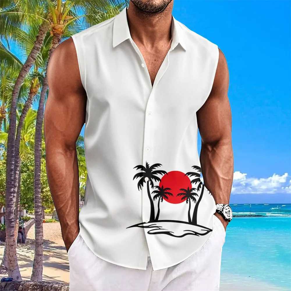 Summer casual mens shirt sleeveless lapel shirt button up beach vacation quick drying Hawaiian shirt mens oversized mens clothing X250410