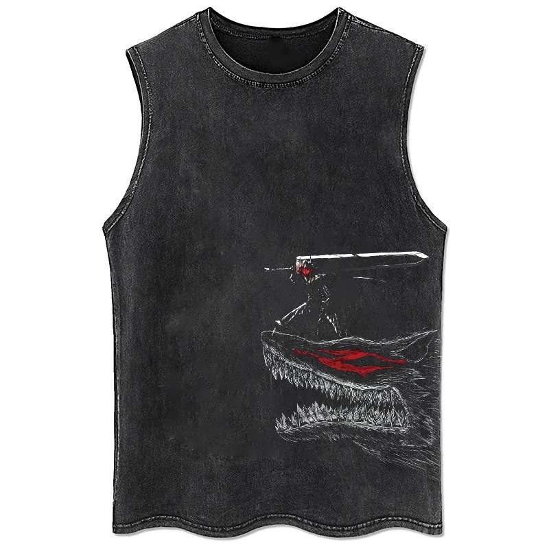 Anime Printed Washed Vest Retro Sports Fitness Casual Short-Sleeved Loose Large Size Summer 250409
