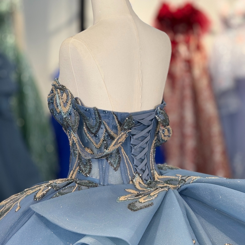 Sea Blue Shiny Quinceanera Dresses Ball Gown Off The Shoulder Sequin Applique Lace Beading Crystal Corset Tull Party Birthday Sweet 16 Dress Vestidos 