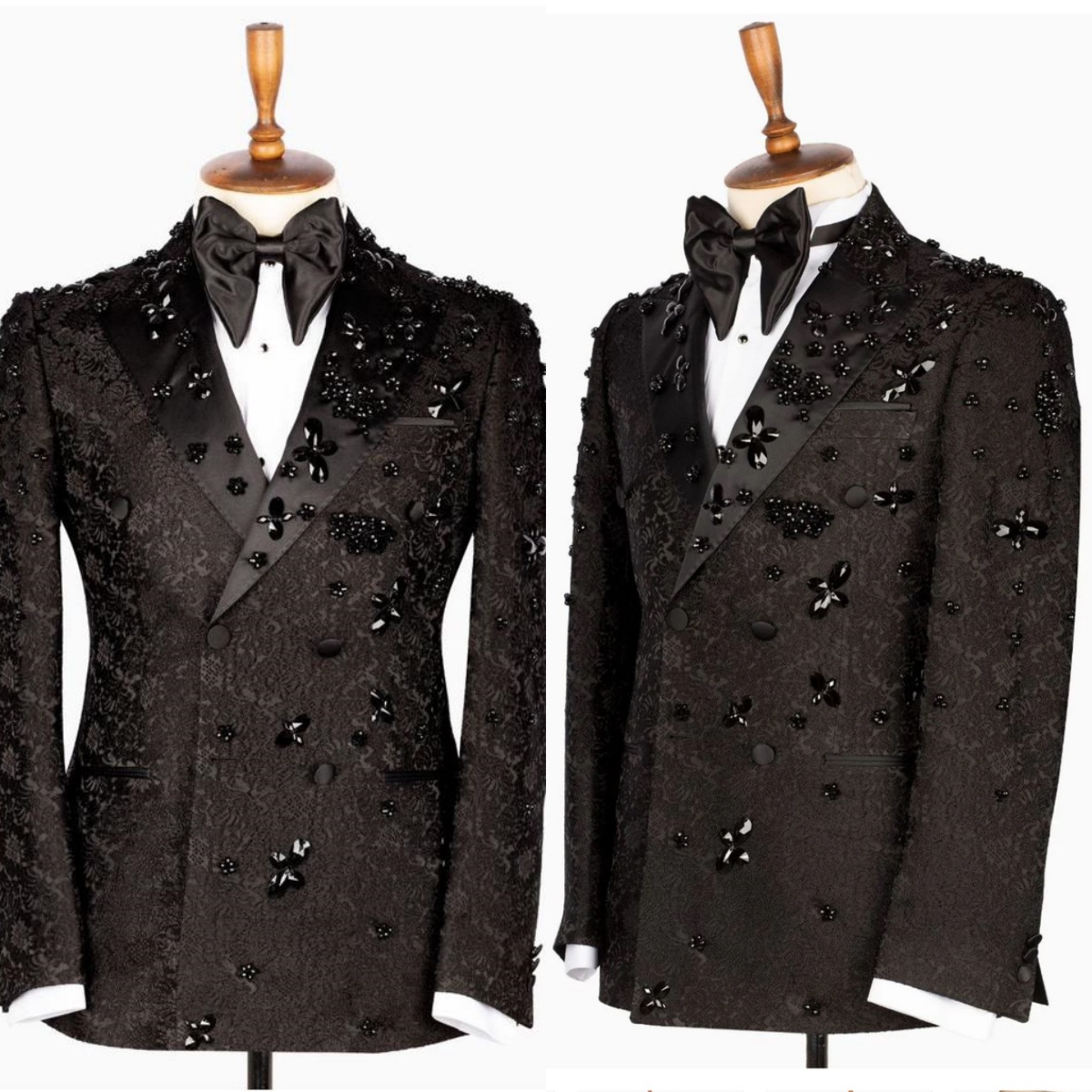 Luxury Men's Suit Tailored Peaked Lapel Rhinestone Beaded Jacquard Blazers Groom Jacket for Wedding Groom Double Breasted 2 Pieces Set Custom Mad