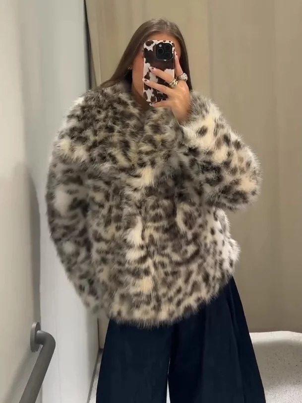 Winter Animal Leopard Printed Faux Fur Jacket For Women y Y2K Long Sleeve Warmth Coats Lady High Street Chic Outerwear 251110