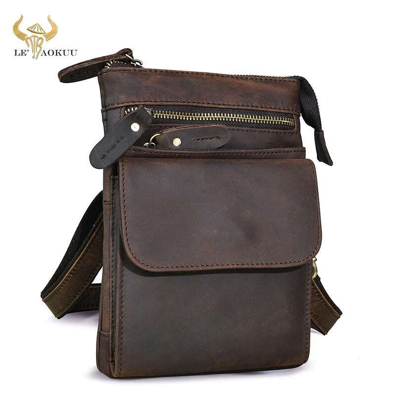 Top Quality Crazy Horse Leather Male Casual Design One Shoulder Messenger Bag Fashion 8" Satchel Summer Small Phone Bag 6553