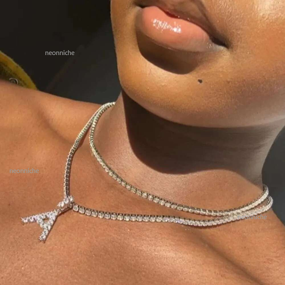 26 Letter Initial Pendant Tennis Chain Choker for Women Statement Bg Crystal Alphabet Necklace Collar Jewelry