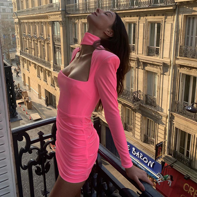V47Chic High Collar Long Sleeve Dress for Women Featuring a Hollow Square Neckline and Fitted Pencil Skirt
