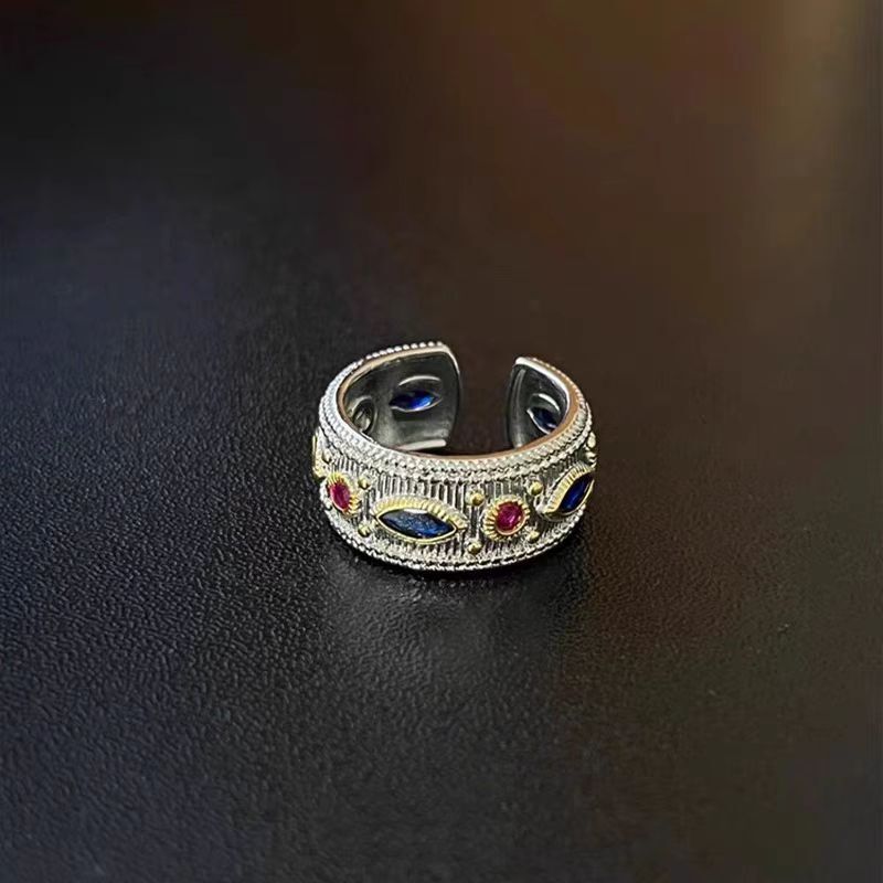 Vintage Designer Ring Red And Blue Fashionable Ring Women's Diamond Ring Niche Light Luxury High-end Feeling Index Finger Ring Exquisite Multifun