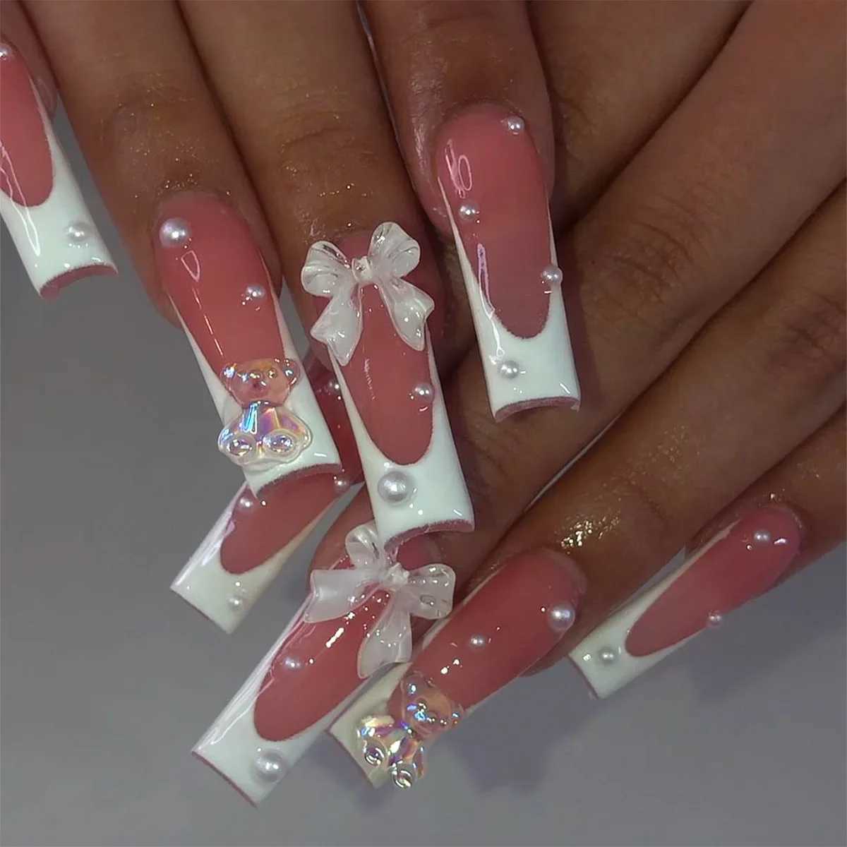 24Pcs super rectangular fake nails with adhesive 3D bear bow design fake nails white French press wearable nails W250410