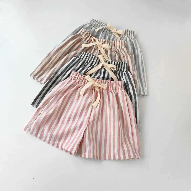 Retro linen cotton striped shorts suitable for boys summer toddlers children girls half pants casual childrens clothing Z250410
