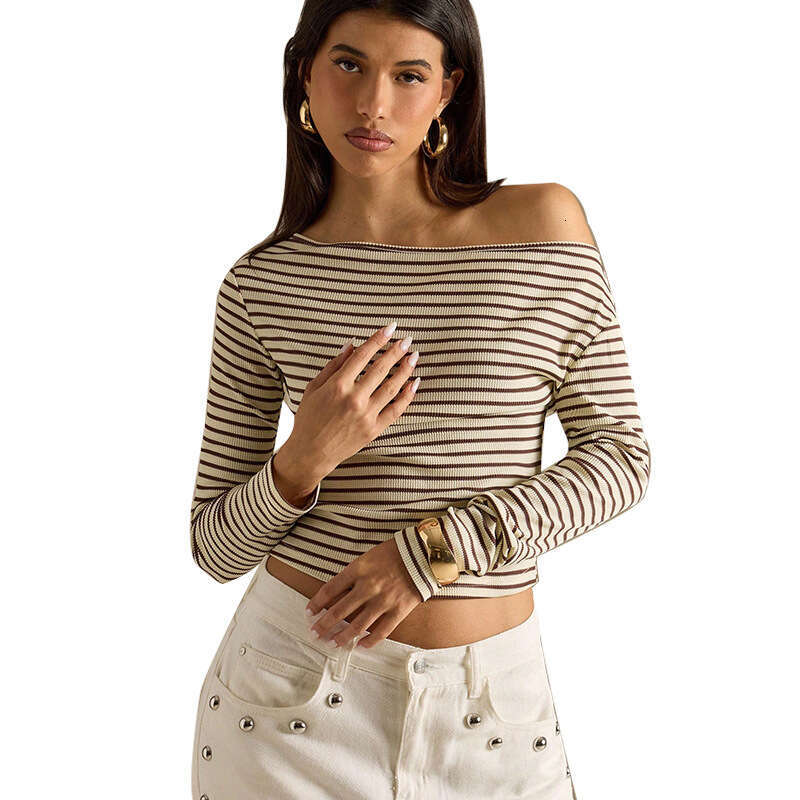 Rui Chuo Cross-Border Amazon Striped Off-Shoulder T-Shirt 2025 Autumn European and American Style Elegant Long Sleeve Base Shirt Pullover