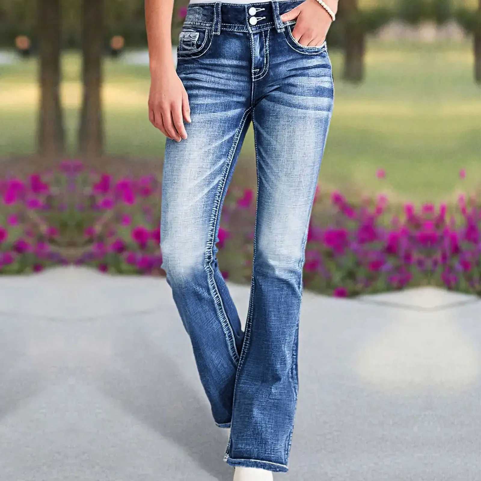 Fashion Womens Slim Fit Flared Denim Jeans Casual High Waist Blue Jeans With Pockets Comfortable Retro Embroidered Denim Jeans C251110