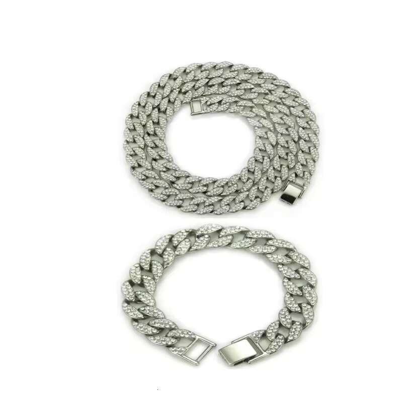 Iced zinc alloy and pearl rhie hip-hop 15mm wide Cuban chain necklace bracelet accessory set